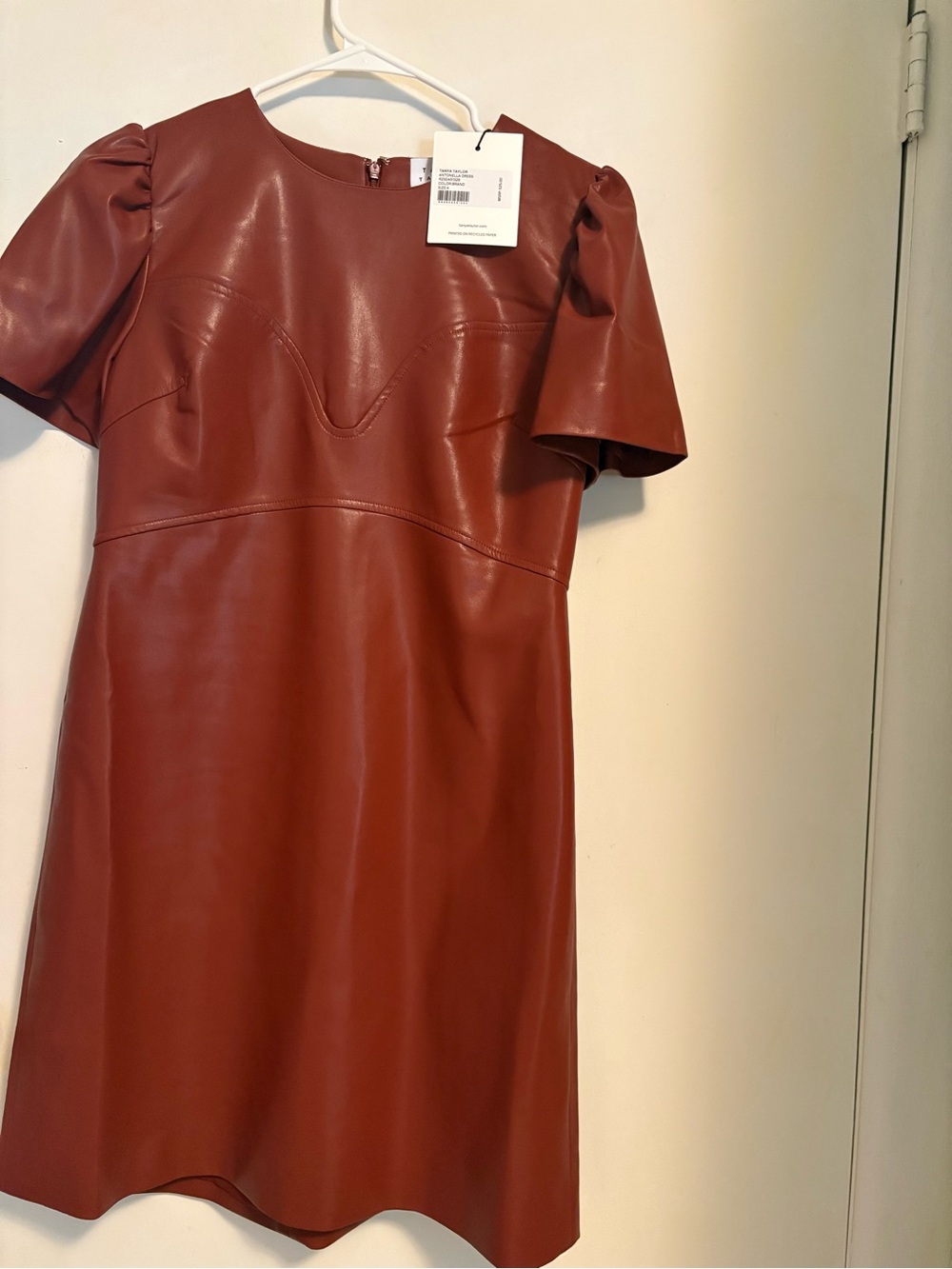 Tanya Taylor Rust-Red Vegan Leather Short-Sleeve Shift Dress